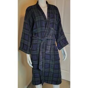 Puritan Terry Cloth Bathrobe Thick Blue Green Plaid Luxury Belted 100% Cotton